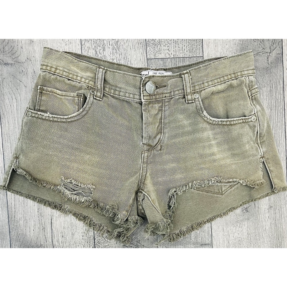 Free People Cutoff Denim Shorts Olive Green Distressed Raw Hem Button Fly W24